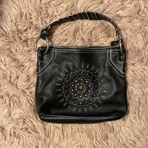 Franco Sarto black leather handbag, purse, flower